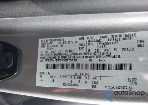 2022 Ford F-150 Xl z USA, uszkodzony, nr VIN 1FTEW1EP5NKD75118